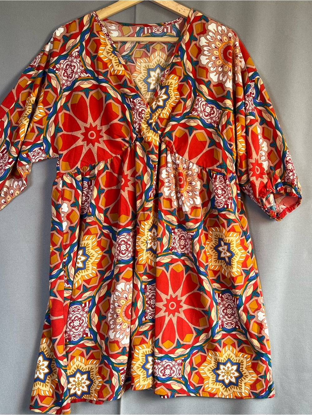 Women’s SzL Red Gold Blue Mosaic-Print V-Neck Peasant Dress Boho Hippie